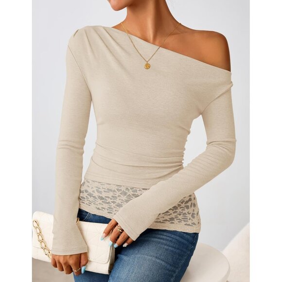 Women Apricot Long Sleeve Off Shoulder Tops Casual Boat Neck Lace Shirts Blouses - Picture 1 of 5